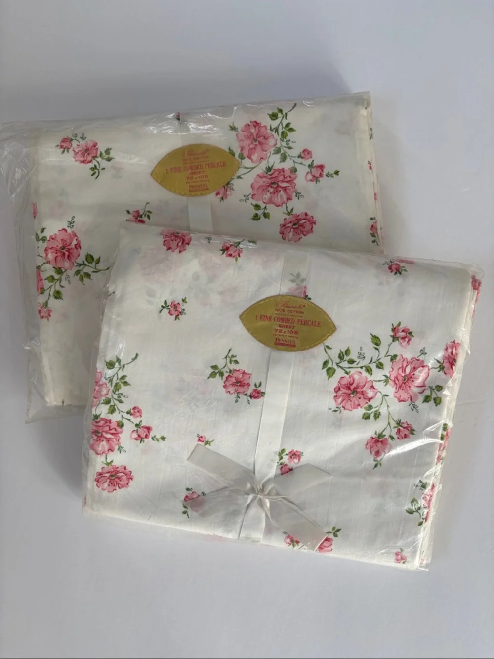 Vintage Penny’s Pencale White Pink Floral Fine Combed (2) Flat Bed Sheets 72x108